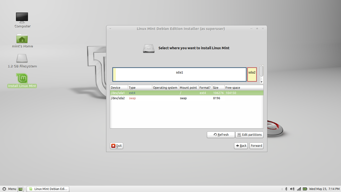Setting the mount point. Partition list and mount point.