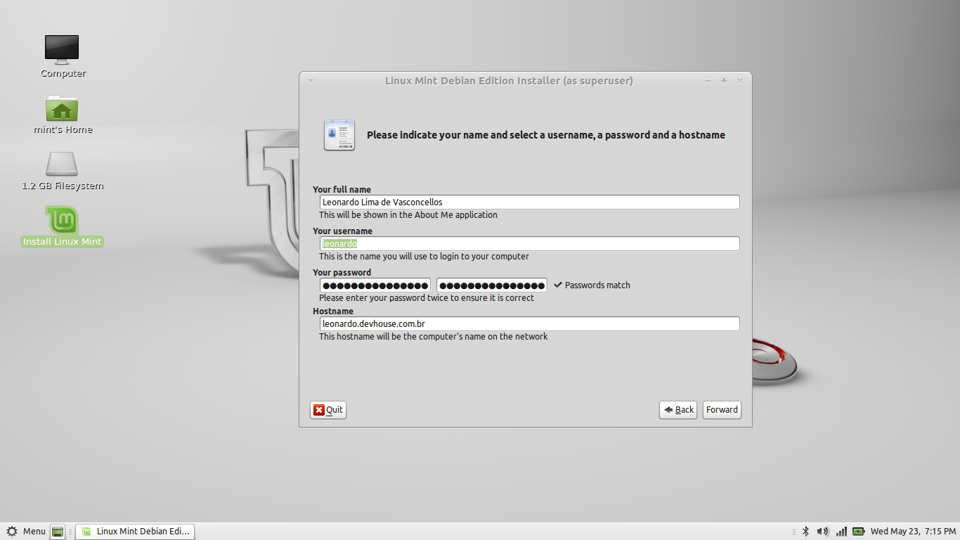 Username, password and hostname Form for username and password