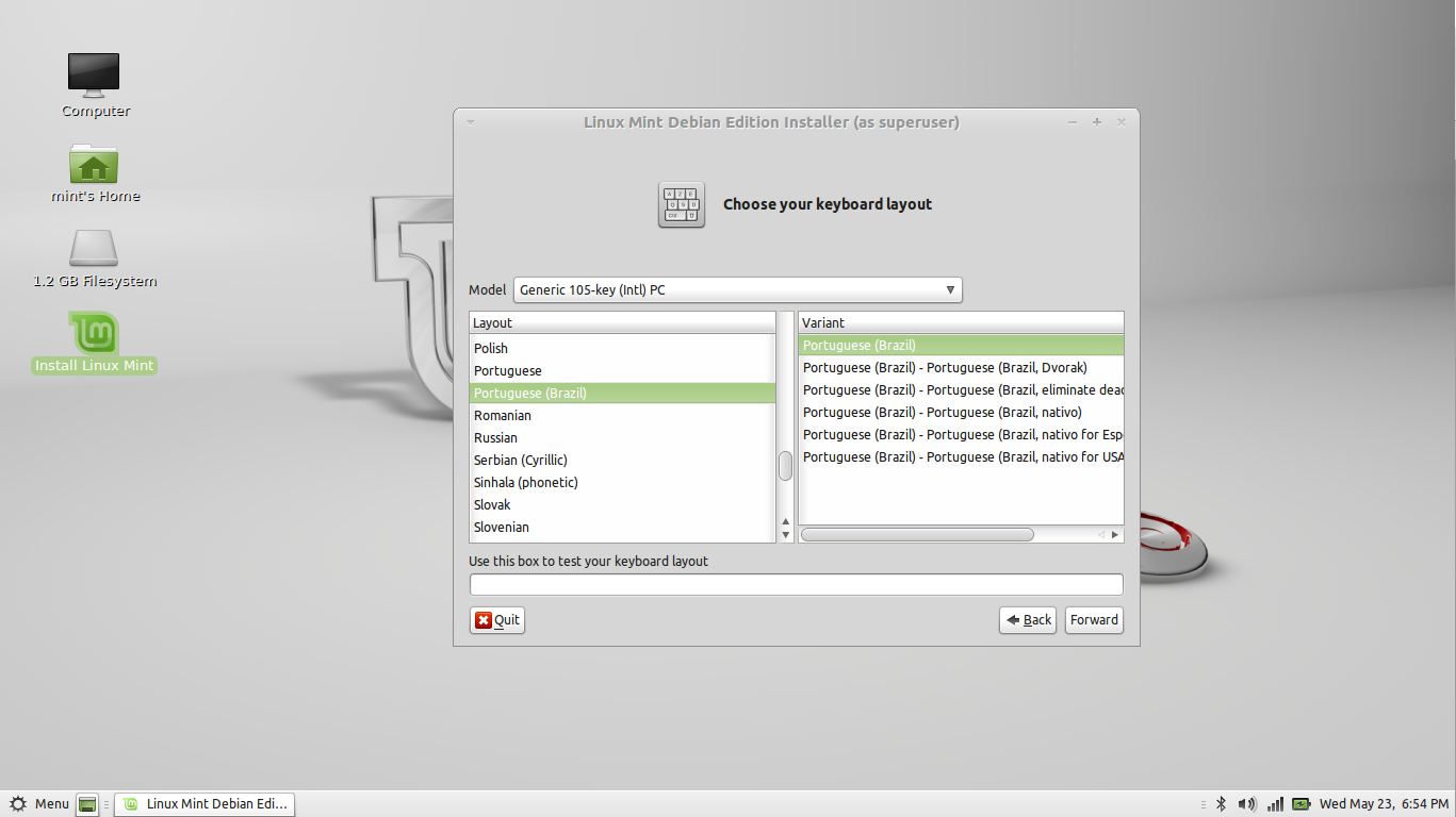 Choose the keyboard layout. Keyboard configuration