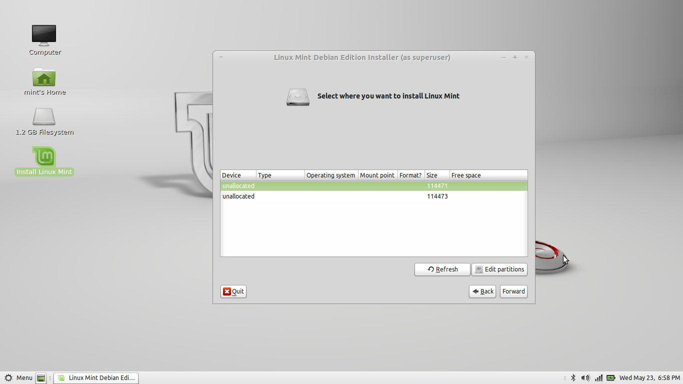 Selecting the partition for installation. Partition list