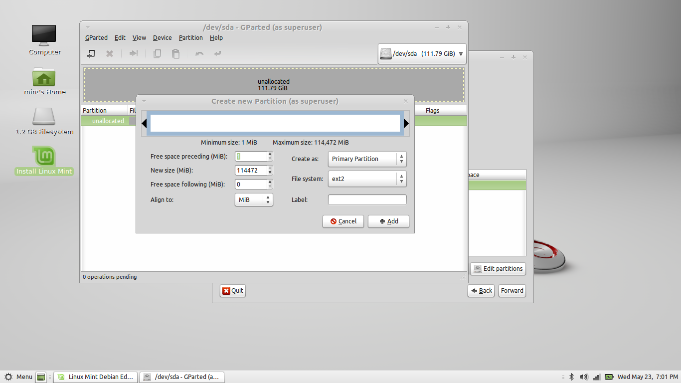 Creating the new partition. Create Partition