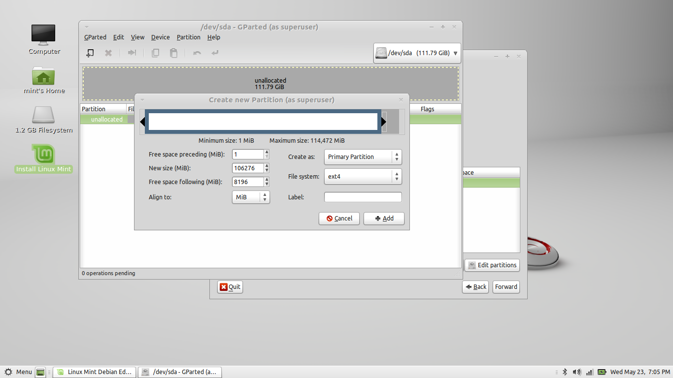 Leaving space for the swap partition. Partitioning the HD