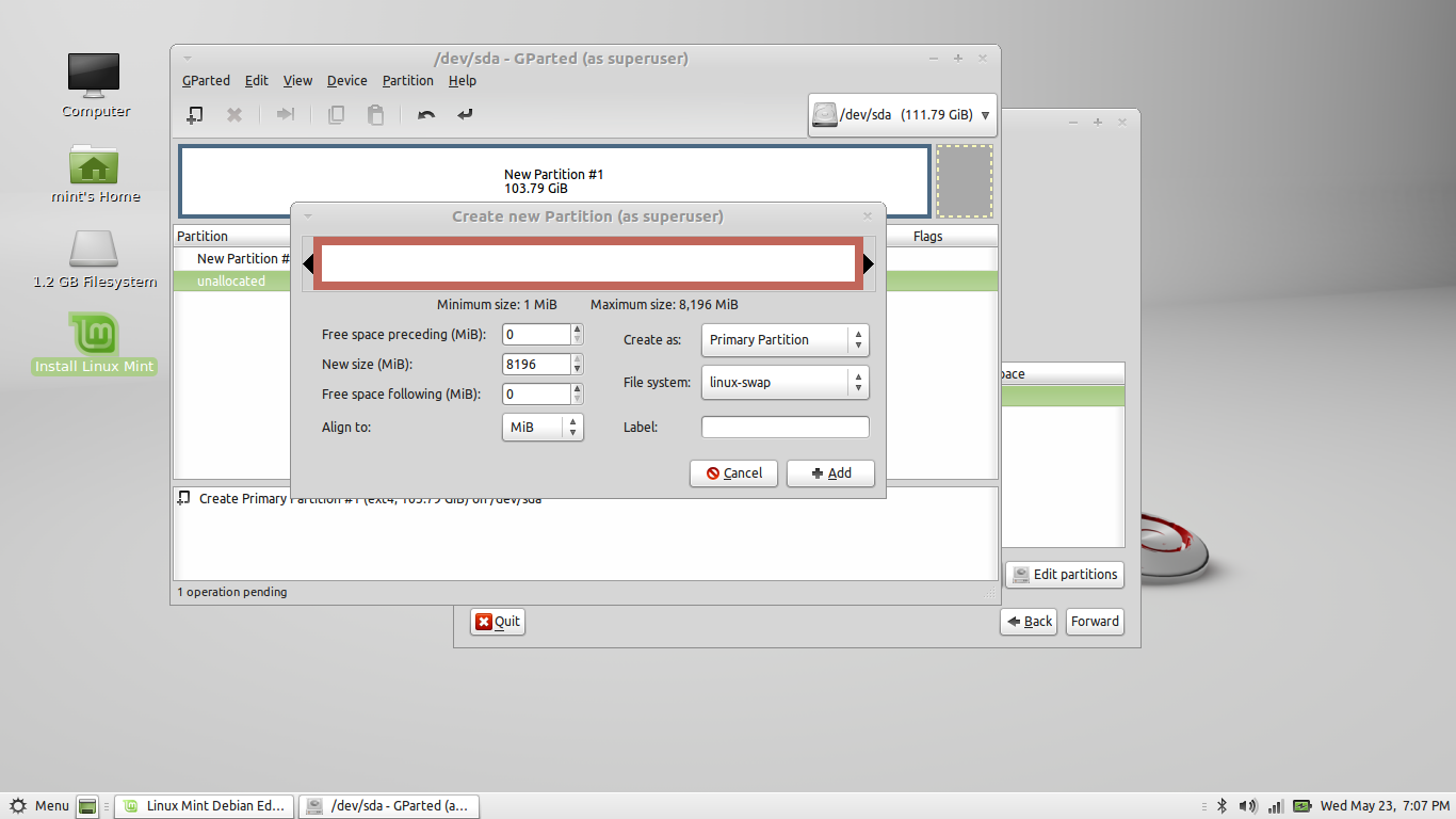 Creating the Swap partition. Swap partition