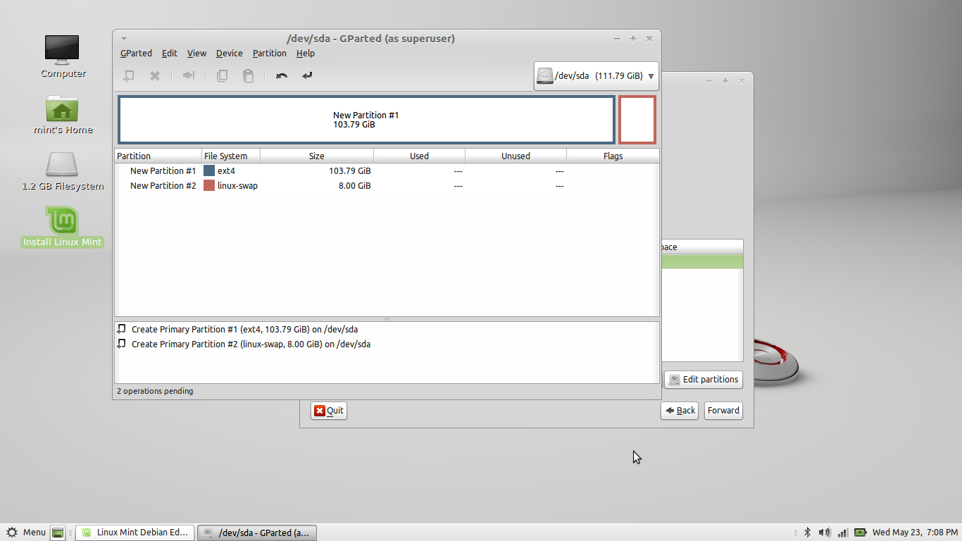 Partitioning result. Gparted after partitioning.