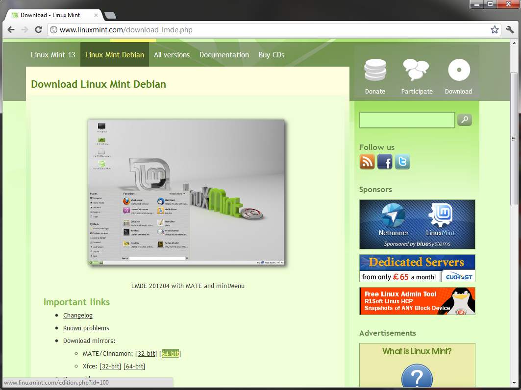 Downloading Linux Mint Debian Edition. LMDE download page