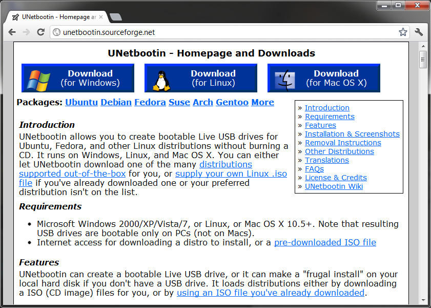 Downloading Unetbootin, a boot pendrive creator. Unetbootin download page