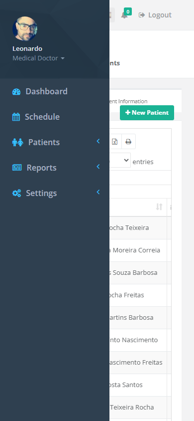 Patient screen with the navigation drawer open on mobile